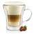 Duplafalú üveg bögre, 200ml, cappuccinoval töltve, átlátszó, fogantyúval