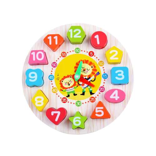 Wooden clock learning toy for kids, featuring colorful numbers and shapes, with lion design