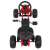 Rückansicht eines roten Go-Karts für Kinder, pedalbetrieben, mit schwarzem Sitz und Lenkrad