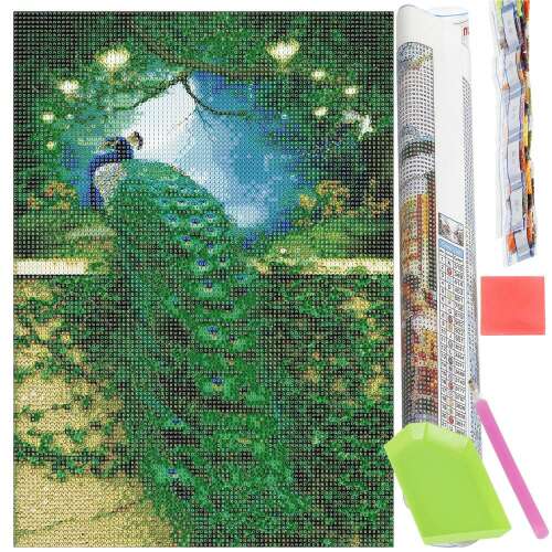 Diamond painting kit with a peacock design, 30x40cm, includes canvas, diamonds, tools, and instructions