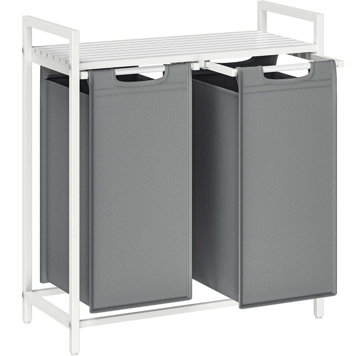 VASAGLE Laundry Hamper, 2 Compartments, Removable Laundry Bags, Shelf, Metal Frame, 2x46L, 73x33x72 cm, White and Light Grey