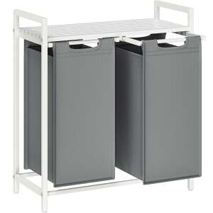 VASAGLE 2-compartment laundry hamper with shelf, white and light gray - VASAGLE