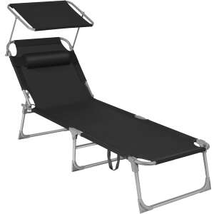 SONGMICS Skladacie lehátko, so slnečníkom a opierkou hlavy, opierka chrbta nastaviteľná do 4 polôh, maximálne 150 kg, 193x53x29cm, čierna 100431909