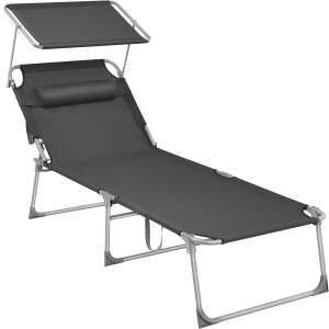 SONGMICS Skladacie lehátko, so slnečníkom a opierkou hlavy, opierka chrbta nastaviteľná do 4 polôh, maximálne 150 kg, 200x71x38cm, šedá 100431996