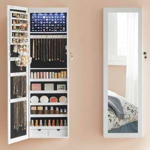 SONGMICS Dulap de bijuterii cu oglinda, montare pe perete, incuietoare, 37x10x120cm, alb 100432206