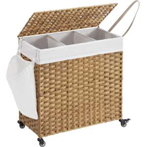 Handwoven Laundry Basket, SONGMICS, 140L, rattan imitation, 3-compartment, removable bag, lid, handles, easy assembly, 66 x 33 x 60 cm, Woodland LCB363N01 100432282 - SONGMICS Laundry Basket