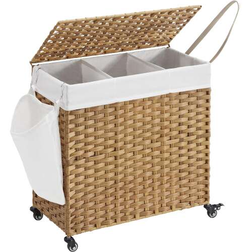 Handwoven Laundry Basket, SONGMICS, 140L, rattan imitation, 3-compartment, removable bag, lid, handles, easy assembly, 66 x 33 x 60 cm, Woodland LCB363N01 100432282