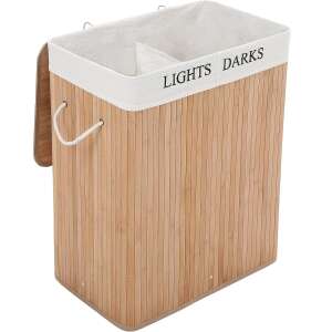 SONGMICS Bambusový kôš na bielizeň s vekom, 2 priehradky, vyberateľná taška, objem 100L, 52x32x62cm, hnedá