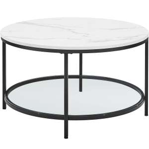 VASAGLE round coffee table with marble top and glass shelf, black and white - VASAGLE