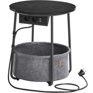 VASAGLE Masuta de cafea rotunda cu cos de stofa, statie de incarcare 2 prize si 2 USB, 45x50cm, negru 100432411 - Mese de cafea