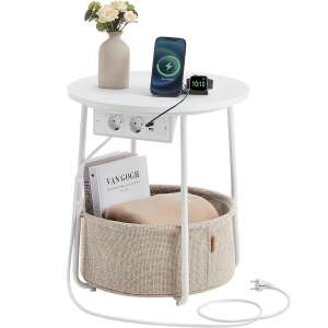 VASAGLE Masuta de cafea rotunda cu cos de stofa, statie de incarcare 2 prize si 2 USB, 45x50cm, alb 100432440 - Mese de cafea