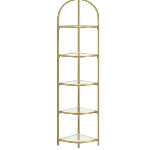 VASAGLE Rohová polica do spálne so schodíkmi, 5 poschodí, bezpečnostné sklo, oceľový rám, 28x28x158cm, zlatá 100432597