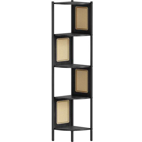VASAGLE boho sarokpolc, fém keret, MDF polcok és polyrattan panelek, 32x32x156cm, fekete