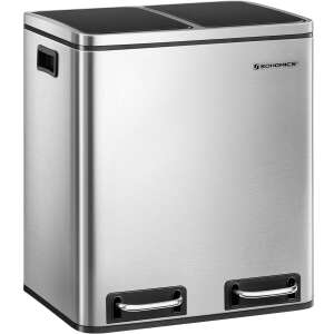 SONGMICS stainless steel trash can with two compartments for recycling, silver and black - SONGMICS