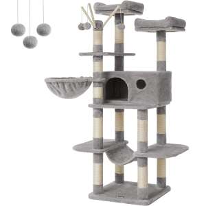 FEANDREA Ansamblu de joaca pentru pisici, tip copac, cu 3 culcusuri, hamac si ascunzatoare, 50x50x164cm, gri deschis 100432826 - Feandrea Mobilier pentru pisici