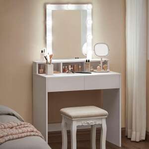 VASAGLE vanity table with mirror and lights, 2 drawers and 3 open compartments, white - Furniture