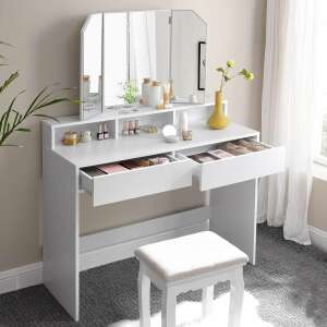 VASAGLE white dressing table with mirror, 2 drawers, 3 open compartments, and a stool - Furniture