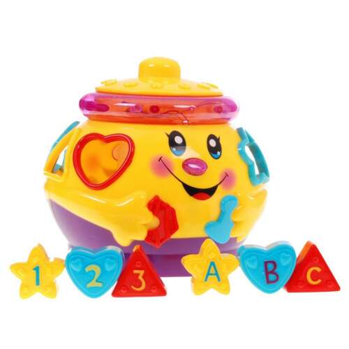 Musikalisches Formensortierspielzeug für Babys und Kleinkinder, mit einem gelben Topf mit einem lächelnden Gesicht und bunten Formen zum Sortieren