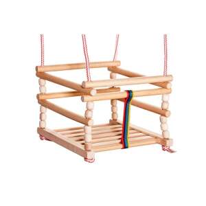 Wooden baby swing with red ropes, safety harness and wooden beads - Ramiz