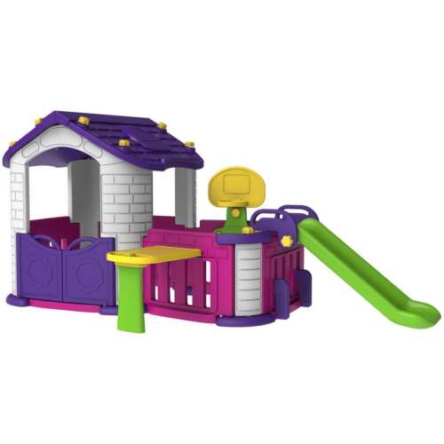 5 az 1-ben lila-rózsaszín kerti játszóház csúszdával és kosárlabda palánkkal