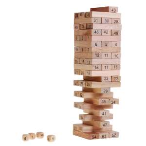 Jenga game set, wooden blocks, dice, tower building game, family fun - Jenga