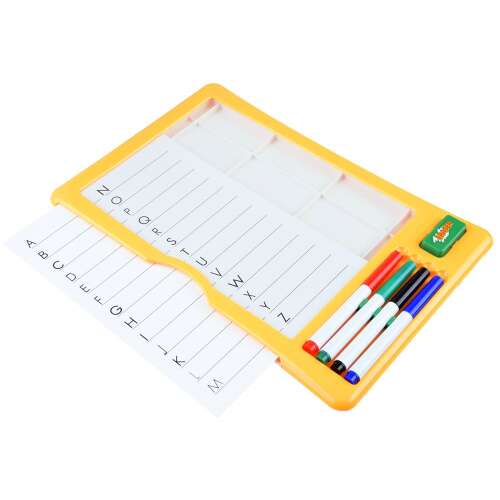 Art Drawing Board Wordpad Set, yellow dry erase board with alphabet letters and lines for writing practice, comes with markers and eraser, educational toy for kids