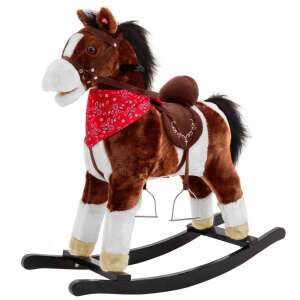 Brown and white rocking horse with red bandana, saddle, and stirrups - Rocking horse & animal