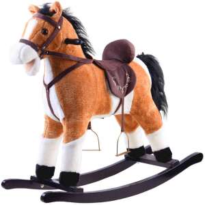 Brown and white rocking horse with a brown saddle, black mane and tail, for children - Rocking horse & animal