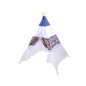 White and blue children's teepee tent with travel themed design - Teepee