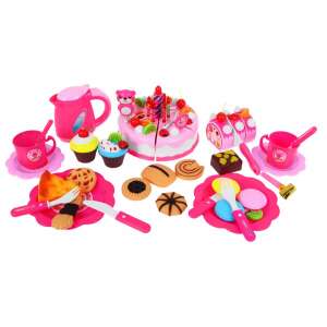 Pink plastic pretend play birthday cake set with cake, candles, tea set, and more - Play food