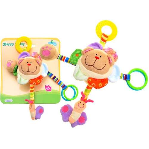 Smiling bear baby toy with colorful petals and a butterfly, perfect for stroller or cot
