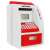 Red and white toy ATM bank with a digital display, calculator, and drawer