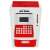 Front view of the red and white toy ATM bank with a digital display, calculator, and drawer