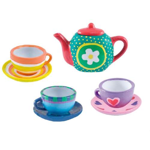 Painted tea set with teapot, cups and saucers, ready to be used for pretend play