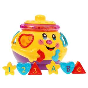 Jucărie muzicală de sortare a formelor pentru bebeluși, cu un vas galben cu o față zâmbitoare și forme colorate care se potrivesc în găuri - Jocuri de sortare a formelor