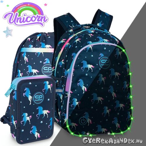 CoolPack Unicorn School Bag Set with LED Lights - Blue. Includes backpack, pencil case, and gym bag.