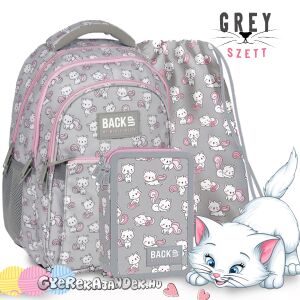 Set ghiozdan școlar BackUp Gri Pisică cu rucsac, penar și sac de gimnastică - Derform
