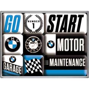 9 darabos mágneskészlet BMW témában, retró mintákkal, mint például "Go", "Start", "Motor", "Garage" és "Maintenance" - Nostalgic-Art
