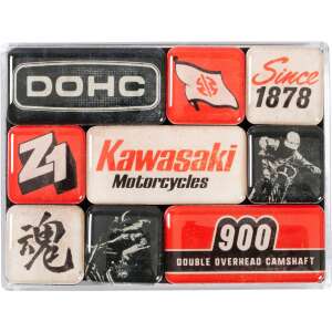 Kawasaki Motorcycles mágnes szett, 9 retro motorkerékpár témájú mágnes, Nostalgic Art - Nostalgic-Art