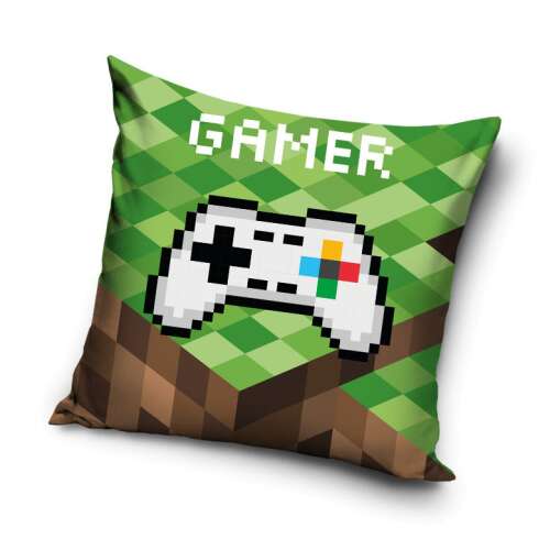 Gamer Blocks Kissenbezug, 40x40 cm, Velours, grünes und braunes Pixel-Design mit einem weißen Gamepad