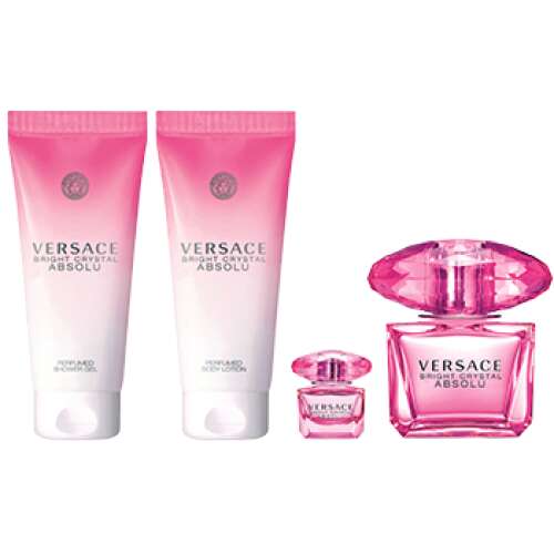 Versace Bright Crystal Absolu ajándék szett, tartalmaz 90ml eau de parfum, 5ml eau de parfum, 100ml testápoló, 100ml tusfürdő - Versace