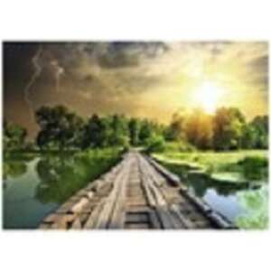 Ravensburger 1000 piece jigsaw puzzle, Magical Sky, showing a wooden bridge over a river with a sunset and lightning in the background - Puzzle