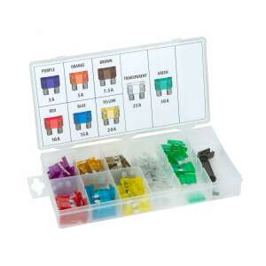 Autó biztosíték készlet 97 darabos tárolódobozban, biztosíték kiszedővel, különböző amperű biztosítékokkal, 3-30A - MNC