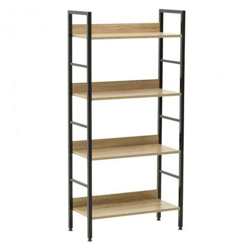 Intenso 4 polcos könyvespolc fekete fém vázzal és tölgy színű polcokkal, 60 x 126 cm