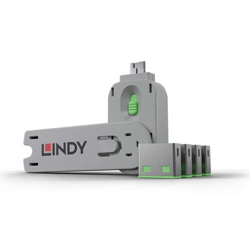 Lindy USB port blocker with key, green, 4 pack