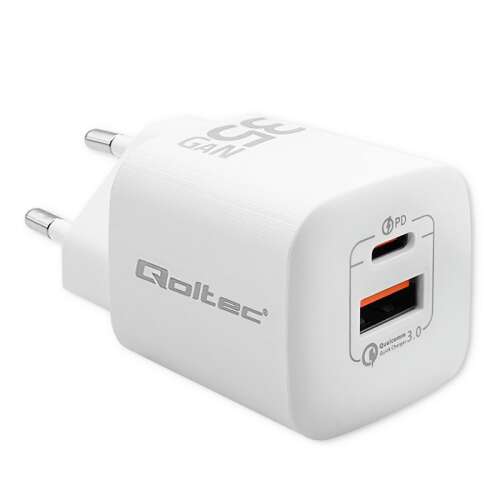 Incarcator de retea, Qoltec, 35W, GaN ULTRA, 5-20V, 2.25-3A, 1 x USB tip C PD, 1 x USB, Alb 100540530