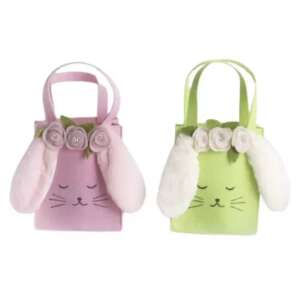 Rosa und grüne Filz-Osterhasentaschen mit weißen flauschigen Ohren und Blumenkrone, perfekt für die Ostereiersuche oder zum Aufbewahren von Leckereien - Ostern Dekoration