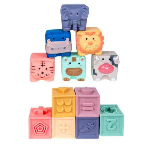 Smily Play Puha szenzoros kockák 12 darabos készlet, 12 darabos puha szenzoros kocka készlet állati motívumokkal, fürdéshez