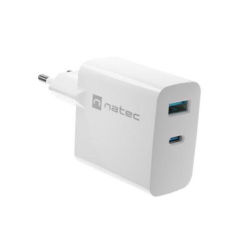 Адаптер Natec USB Charger, Ribera Gan, 1X USB-A + 1X USB-C, 45W, бял