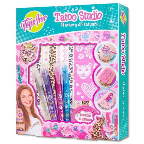 Toys'n' Fun Tetováló Stúdió ideiglenes tetováló készlet csillogó filctollakkal, sablonokkal és eltávolító törlőkendőkkel